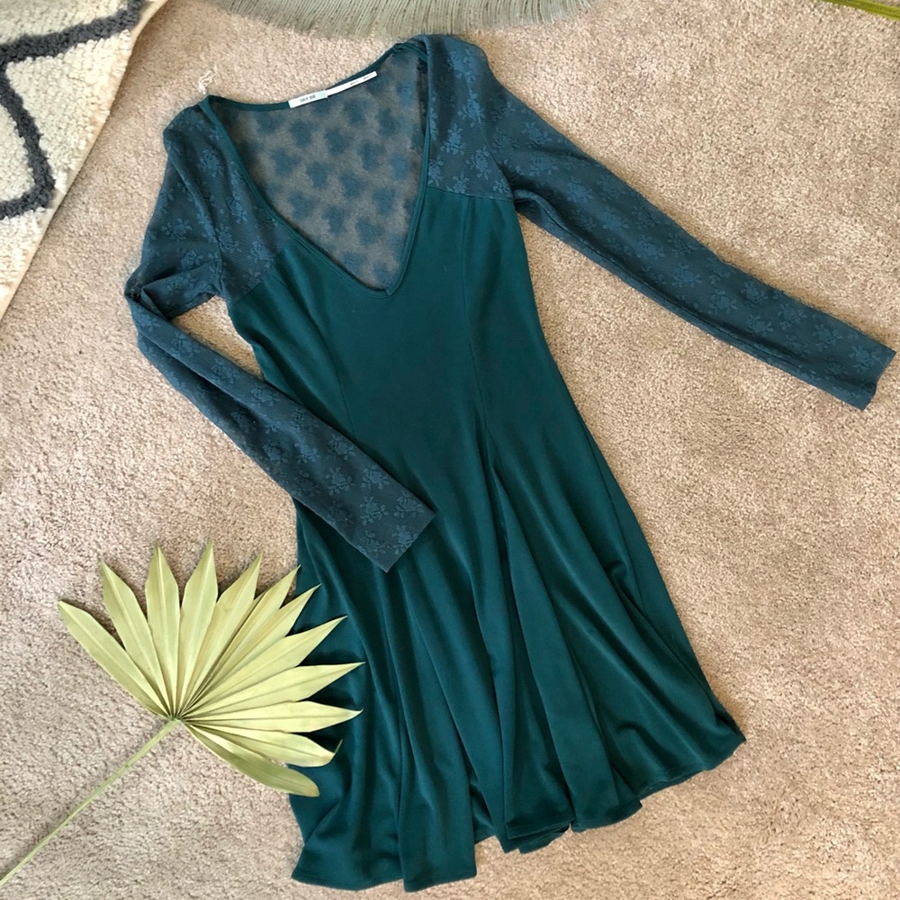 Deep Teal Lace-Sleeve Fit & Flare Dress